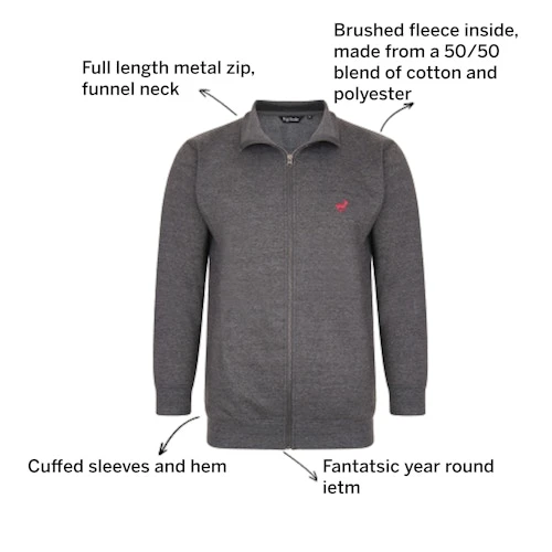 Bigdude Funnel Neck Full Zip Sweatshirt Charcoal 3 Bigdude Funnel Neck Full Zip Sweatshirt Charcoal - Image 3
