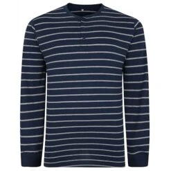 Bigdude Striped Long Sleeve Grandad T-Shirt Navy/Grey