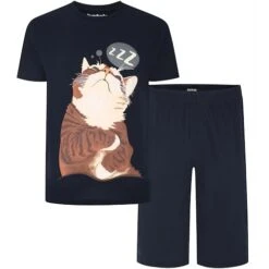 Bigdude Sleeping Cat Print Pyjama Set Navy