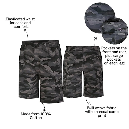 Bigdude Elasticated Waist Cargo Camo Shorts Charcoal 2 Bigdude Elasticated Waist Cargo Camo Shorts Charcoal - Image 2